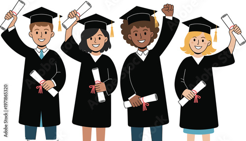 Diverse group of happy graduates wearing black gowns and caps holding diplomas to celebrate university or college graduation ceremony.