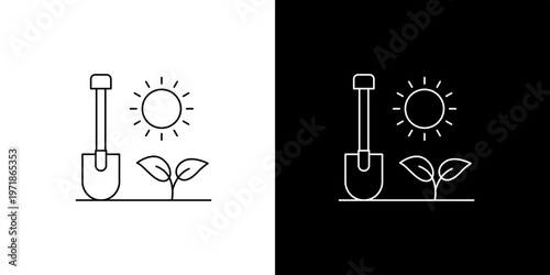 Single icon of  essential gardening tools and nature symbols, featuring a shovel, sun, and young plants, illustrating spring planting and agricultural growth