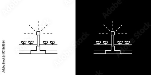 Automated irrigation system icon with plant rows and sprinkler head emitting water droplets