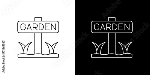 Outline vector icon of a garden sign with 'GARDEN' text and grass. Minimalist black and white graphic for outdoor cultivated area, suitable for web and app design