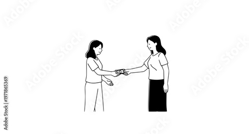 Minimal line art woman giving money to person in need vector illustration representing generosity support and donation concept