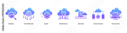 Cloud Infrastructure web banner icon vector illustration featuring Analytics, Cloud Network, Speed, Maintenance, Data Lake, Cloud Network, and Cloud Server.