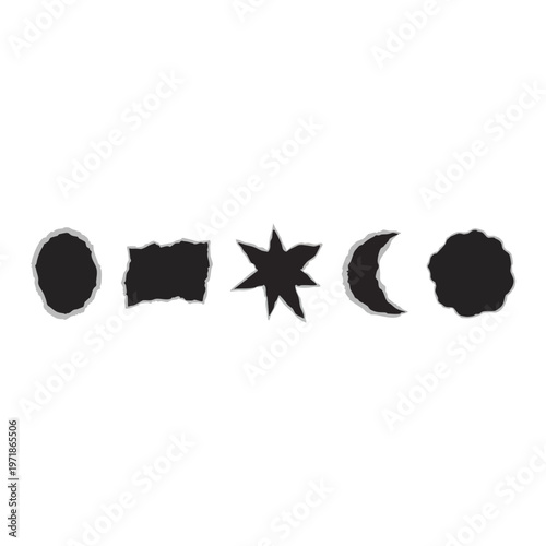 Set of five minimalist black vector shapes featuring organic silhouettes including a crescent moon and a sharp pointy star design