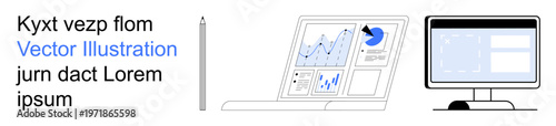 Data analytics, tech design, digital workspace, business tools, productivity, modern tech. Laptop displaying charts, monitor for multitasking and a stylus. Data analytics and tech design concept