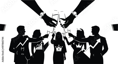 Silhouettes of people in business attire raise champagne glasses in a celebratory toast, with rising graph symbols adorning their clothing and a crown emblem on one individual's shirt.