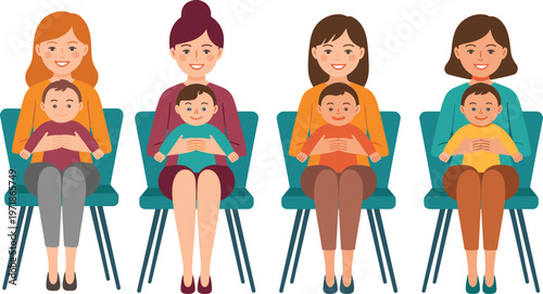 Group of smiling mothers sitting in chairs holding their babies for a parenting class or pediatric clinic waiting room.