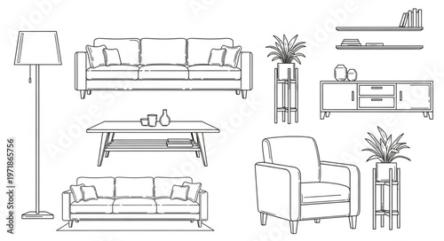 Living Room Furniture Arrangement - Sofas, Armchair, Table, and Decor.