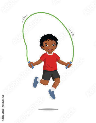 Little African boy doing jumping rope exercise
