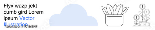 Cloud computing, financial growth, sustainability, savings, nature, technology. Minimalist icons of a cloud, potted plant and money tree with coin symbols. Cloud computing and financial growth