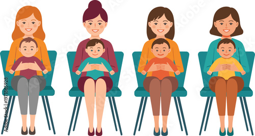Group of smiling mothers sitting in chairs holding their babies for a parenting class or pediatric clinic waiting room.