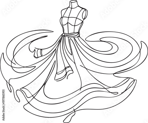 Continuous one-line drawing of Ethiopian Habesha dress on an asymmetrically posed simple dummy with embroidered dress flowing in circular wind.
