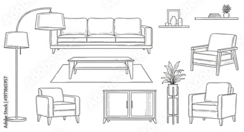 Elegant Living Room Furniture Arrangement Sketch.