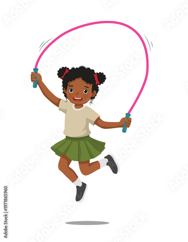 Little African girl doing jumping rope exercise
