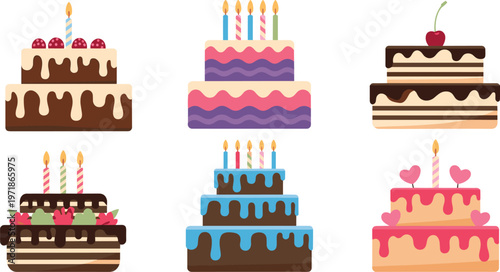 Collection of tiered birthday cakes with chocolate frosting cherries and candles for party celebrations and bakery shop designs.