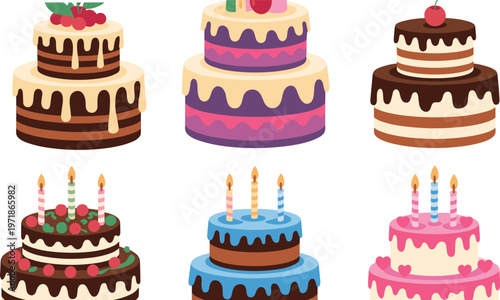 Collection of tiered birthday cakes with chocolate frosting cherries and candles for party celebrations and bakery shop designs.