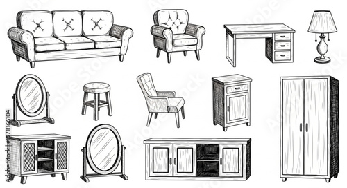 Vintage Furniture Sketch Collection - Sofa, Armchair, Desk, and More.