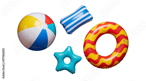 Lively collection of colorful inflatable beach toys, including a ball, ring, pillow, and star, ready for summer fun.