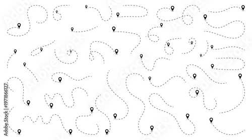 Travel Route Map with Black Location Pins and Dashed Path Lines. Dotted Line Route With Location Pin. Vector Illustration	
