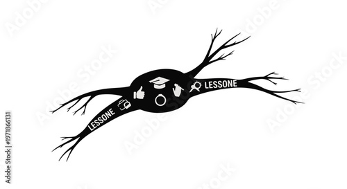 Stylized neuron or synapse graphic with educational icons and the word 'LESSONE' on branches.