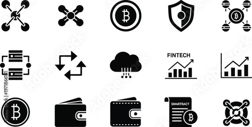 Digital Currency and Technological Icons: A collection of meticulously crafted monochrome icons representing the cutting edge of digital currency and technological advancements.