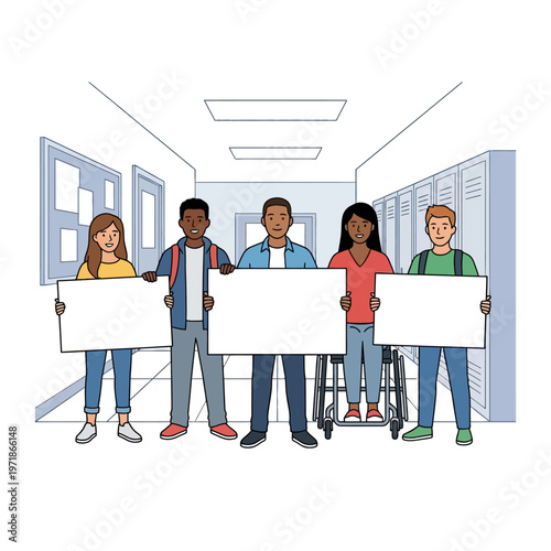 Diverse students holding blank boards in hallway