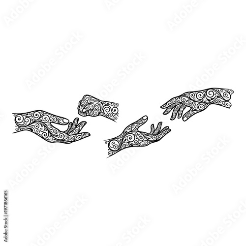 Intricate hand designs with traditional patterns in various gestures Vector, illustration