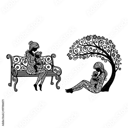 Elegant mythical scenes of rest and reflection under ornate designs Vector, illustration