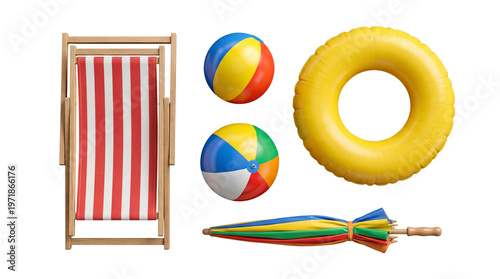 Картината върху платно Vibrant summer vacation 3D render collection featuring beach chairs, colorful balls, and inflatables