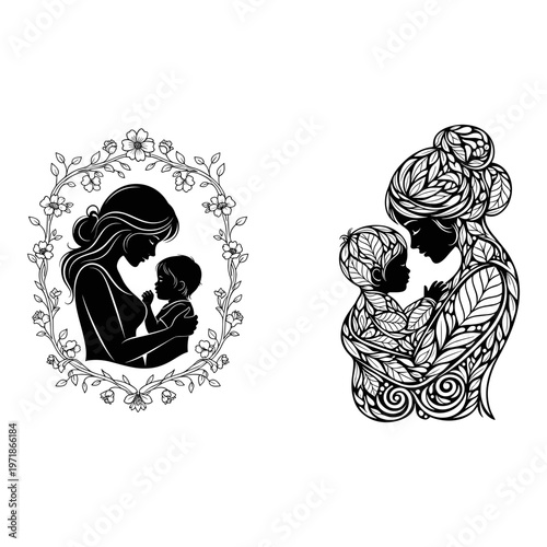 Elegant motherhood depictions in intricate art styles Vector, illustration