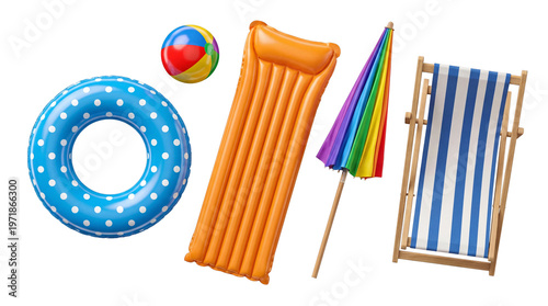 Holiday vacation beach accessories and summer recreation objects 3D render illustration isolated on transparent.