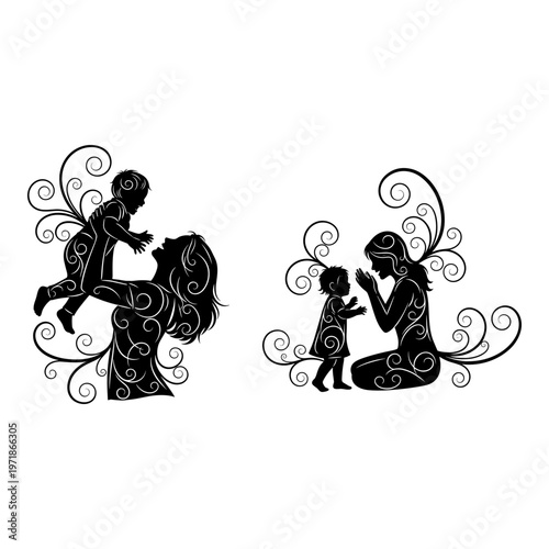 Whimsical silhouettes of parent-child interactions with nature-inspired decorative elements Vector, illustration