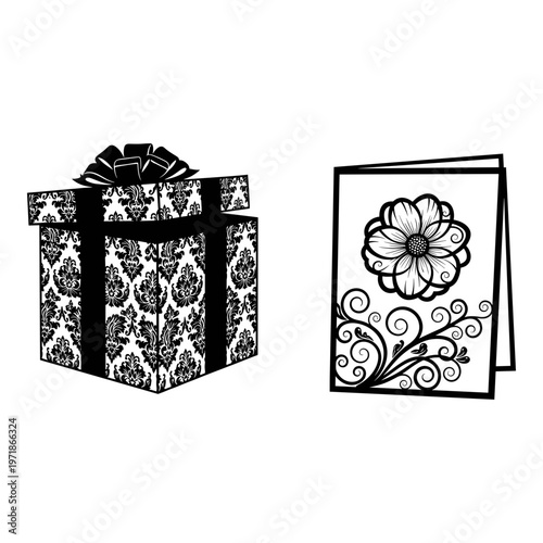 Elegant gift box and floral invitation card illustration in monochrome Vector, illustration