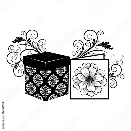 Elegant gift box with intricate floral and swirling designs on a decorative background Vector, illustration