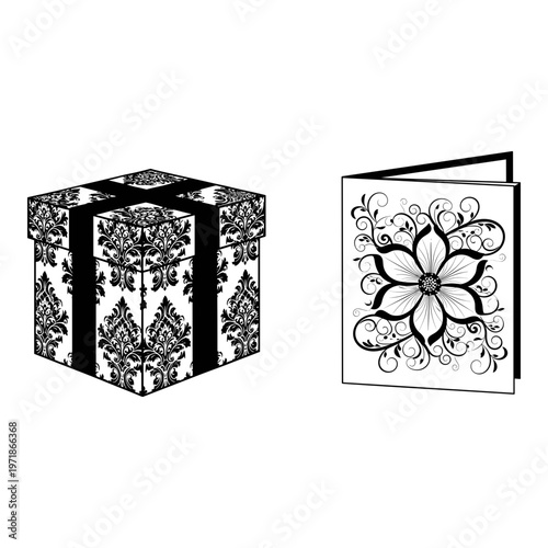 Elegant black and white floral gift box and envelope set displayed together Vector, illustration