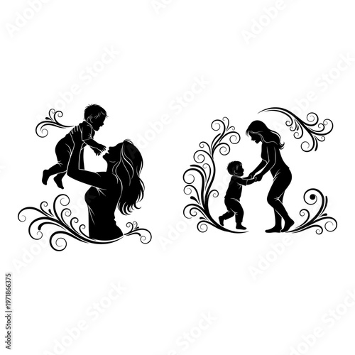 Silhouette illustrations depicting family moments with elegant decorative frames Vector, illustration