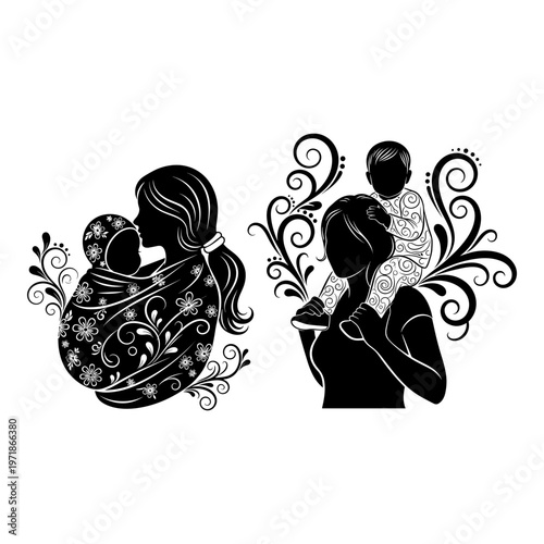 Traditional bond and modern connection through generations illustrated with intricate designs Vector, illustration
