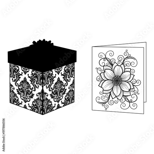 Elegant gift box with intricate floral pattern and decorative card design Vector, illustration
