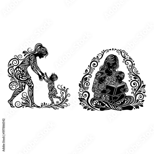 Elegant black and white illustrations of maternal care and nurturing bonds Vector, illustration