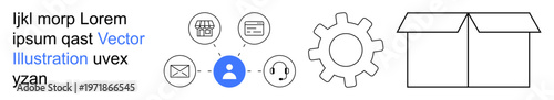 Customer support, logistics, online shopping, technology services, user interaction, and system management. Icons of a user profile, email phone gear and box. Customer support and logistics