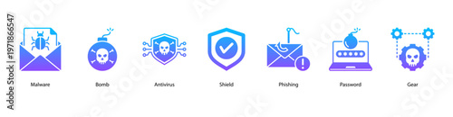 Online Security web banner icon vector illustration featuring Malware, Bomb, Antivirus, Shield, Phishing, Password, and Gear.