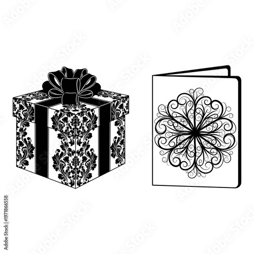 Elegant gift box and intricately designed card with decorative patterns Vector, illustration