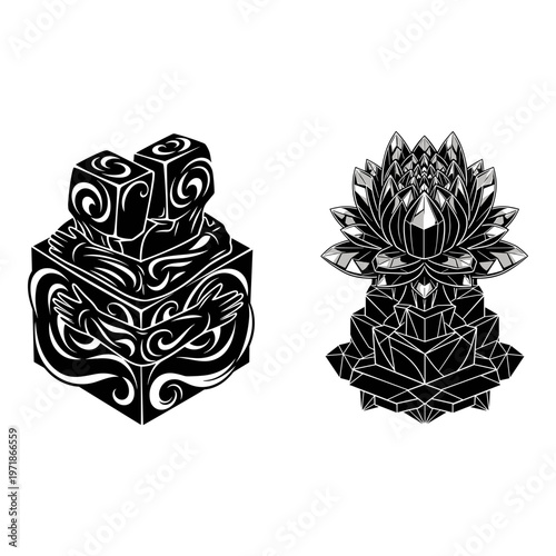 Contrast of traditional maori carving and modern geometric abstract sculpture designs Vector, illustration