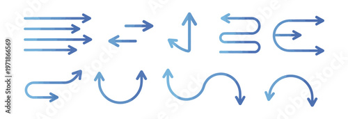 Canvas Print Assorted blue gradient arrows showing various directions, curves, and pathways on white background