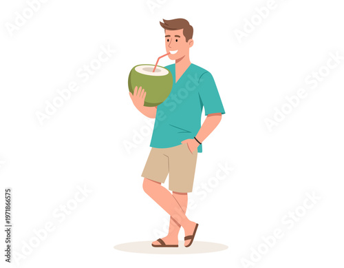A Man enjoying a refreshing coconut drink in summer.