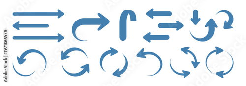 Collection of blue arrows depicting direction, rotation, and movement in a clean, modern graphic style.