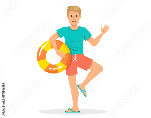 Happy man at the beach with a life buoy in his hand. He is happy and looks forward to summer vacation. 