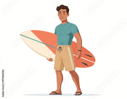 A Man with surfboard ready to enjoy the ocean. The man stands confidently, holding a surfboard, he has a relaxed pose and a smile, looking forward to enjoying the waves on a summer.