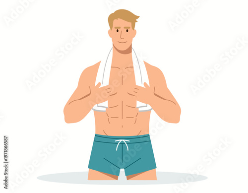 A fit man with a towel around his neck, after workout. A man with muscular body enjoying summer 