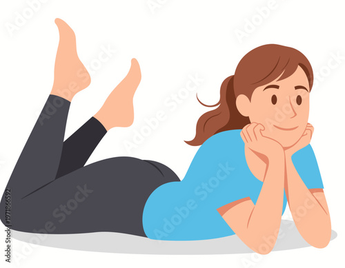 A relaxed woman lying down on floor in a joyful pose