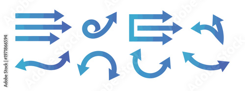 Various blue gradient arrows showing directions, curves, and circular paths on a white background.